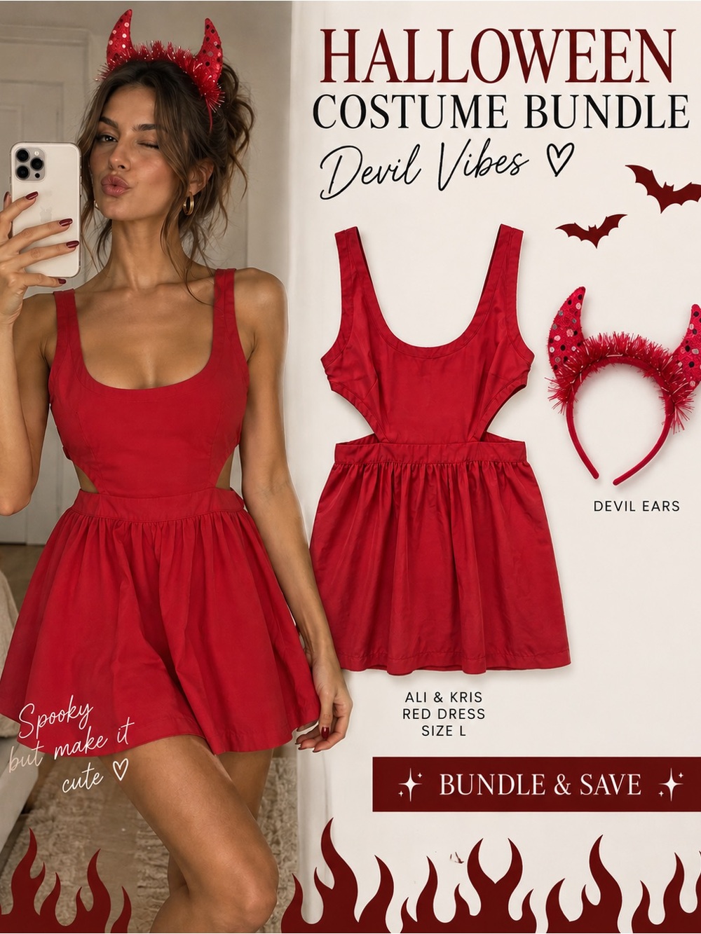 Ali & Kris Red Cutout Dress Size L Devil Halloween Costume Bundle Horns